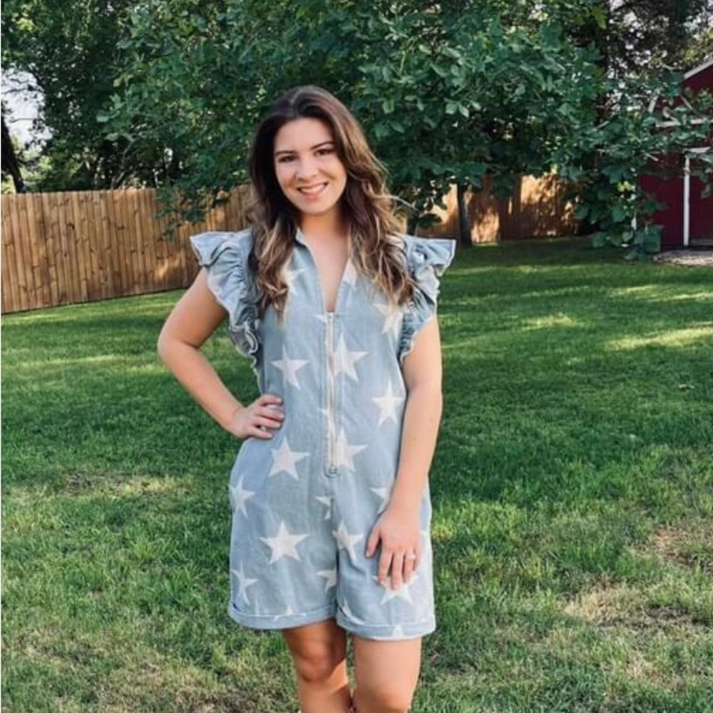 BiBi Star Print Denim Short Romper  NWT Women Size Small